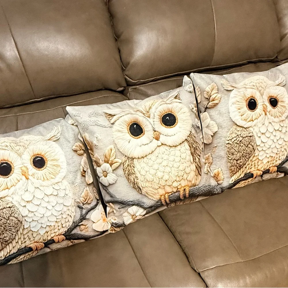 Four New Owl Embroidered Look Throw Pillows 17” X 17”